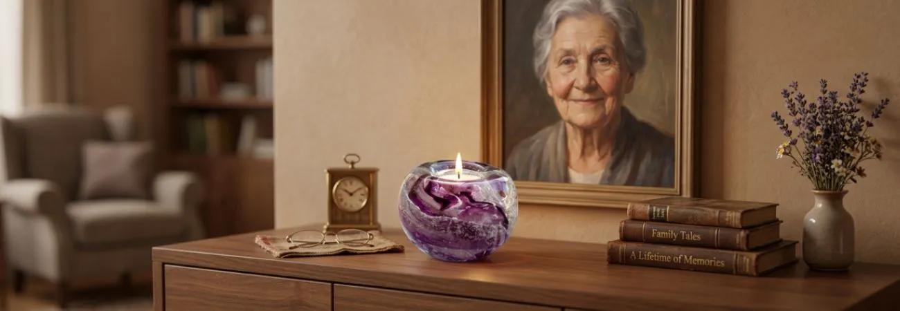glasreliek met deeltjes crematie-as